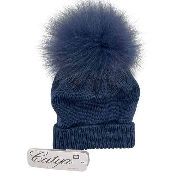 Catya Blue Knit Beanie Fox Fur Pom Made In Italy Warm & Stylish Winter NWT - Picture 1 of 3